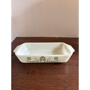 Milk Glass Loaf Casserole Brownie Dish Green Crazy Daisy Design 427 Vintage